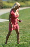 Pamela Anderson in red dress watching her son play baseball in Los Angeles